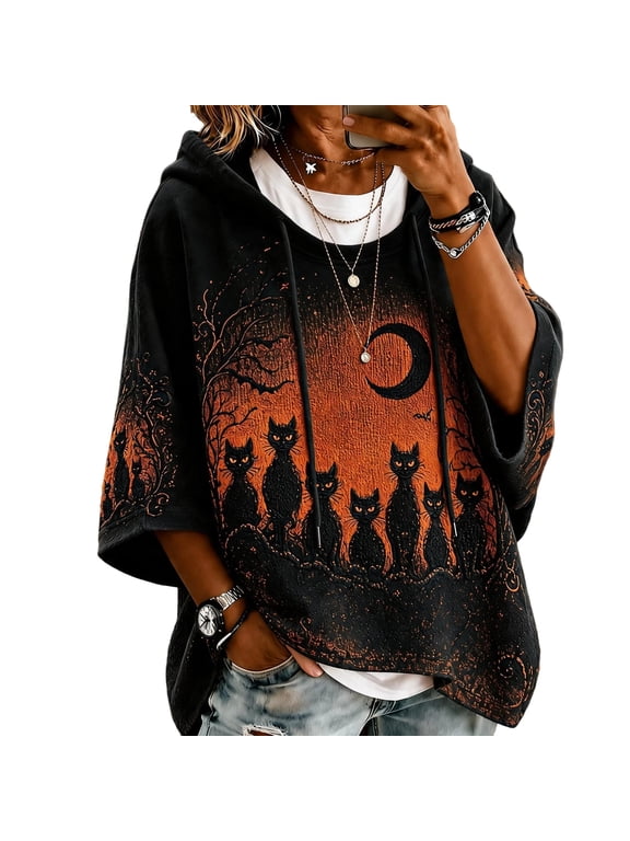 Halloween Hoodies for Women Funny Black Cat Graphic Hoodie 3/4 Sleeve Spooky Season Casual Pullover Sweatshirt, XL