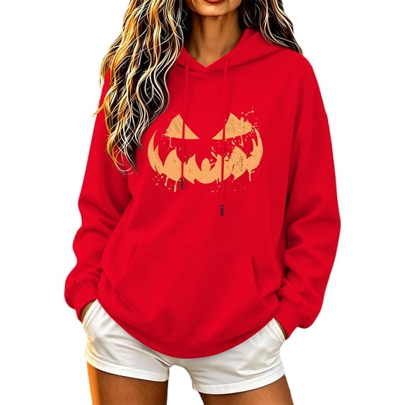 Halloween Hoodies for Women Graphic Printed Long Sleeved Hooded Pullover Shirts Fall Funny Long Sleeve Loose Sweatshirt with Pockets