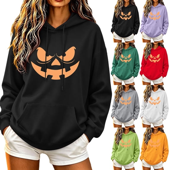 Halloween Hoodies for Women Graphic Printed Long Sleeved Hooded Pullover Shirts Fall Funny Long Sleeve Loose Sweatshirt with Pockets