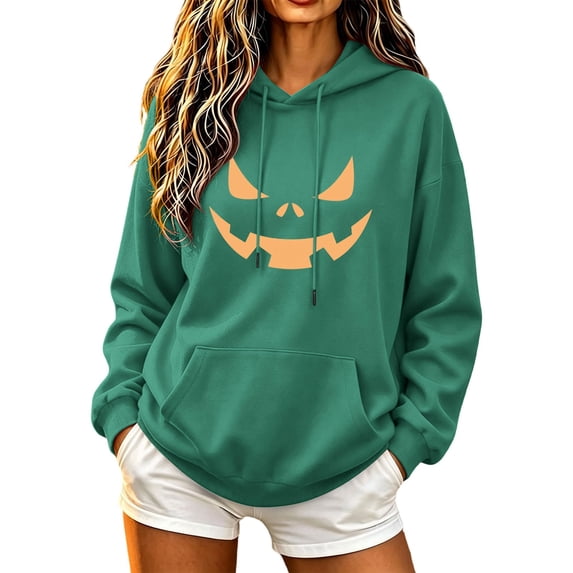 Halloween Hoodies for Women Graphic Printed Long Sleeved Hooded Pullover Shirts Fall Funny Long Sleeve Loose Sweatshirt with Pockets