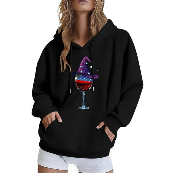 Halloween Hoodies for Women Long Sleeve Funny Pullover Sweatshirts with Pockets Loose Casual Graphic Sweater Tops Black, XL