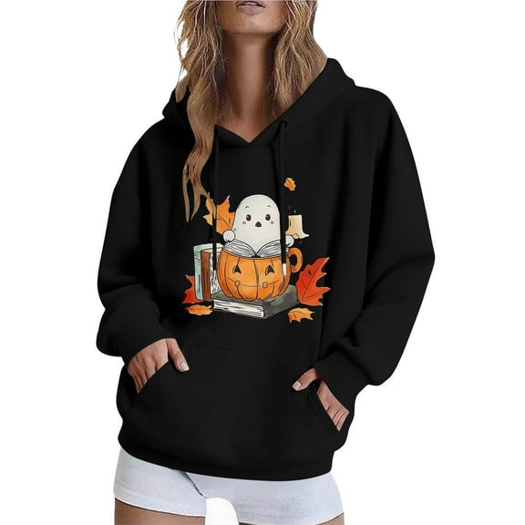 Halloween Hoodies for Women Long Sleeve Funny Pullover Sweatshirts with Pockets Loose Casual Graphic Sweater Tops Black, XS