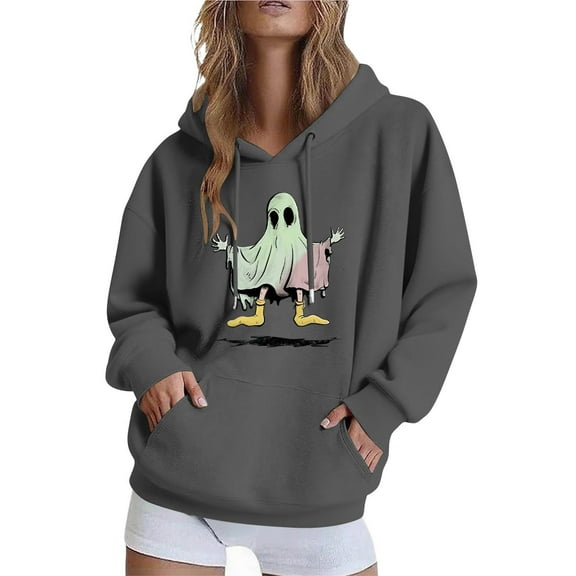 Halloween Hoodies for Women Long Sleeve Funny Pullover Sweatshirts with Pockets Loose Casual Graphic Sweater Tops Gray, 3XL