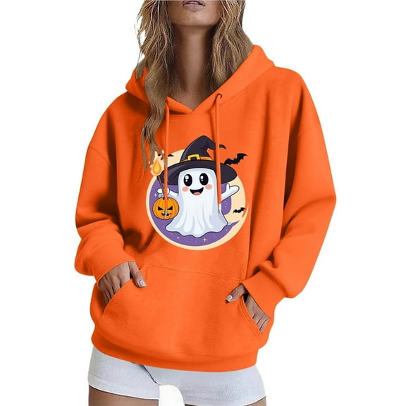 Halloween Hoodies for Women Long Sleeve Funny Pullover Sweatshirts with Pockets Loose Casual Graphic Sweater Tops Orange, S