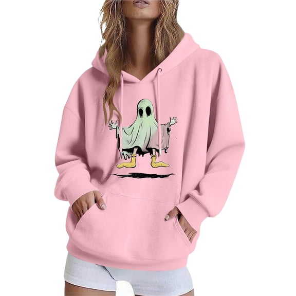 Halloween Hoodies for Women Long Sleeve Funny Pullover Sweatshirts with Pockets Loose Casual Graphic Sweater Tops Pink, 2XL