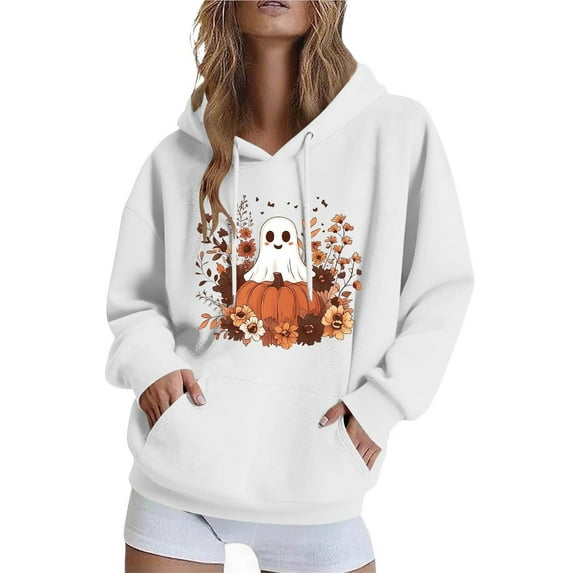 Halloween Hoodies for Women Long Sleeve Funny Pullover Sweatshirts with Pockets Loose Casual Graphic Sweater Tops White, XS