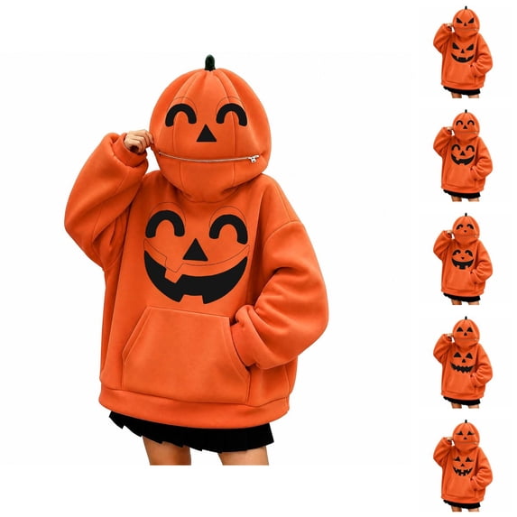 Halloween Hoodies for Women Oversized Pumpkin Face Print Pullover Sweatshirt Orange Hoodie with Pockets & Pumpkin-Shaped Hood