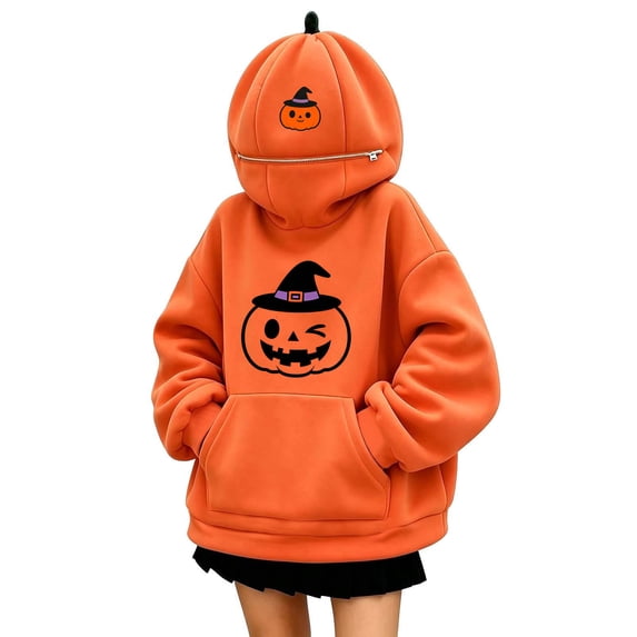 Halloween Hoodies for Women Pumpkin Mask Oversized Hood Sweatshirt Kangaroo Pocket Funny Costume Pullover Top