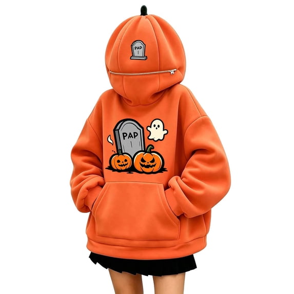 Halloween Hoodies for Women Pumpkin Mask Oversized Hood Sweatshirt Kangaroo Pocket Funny Costume Pullover Top