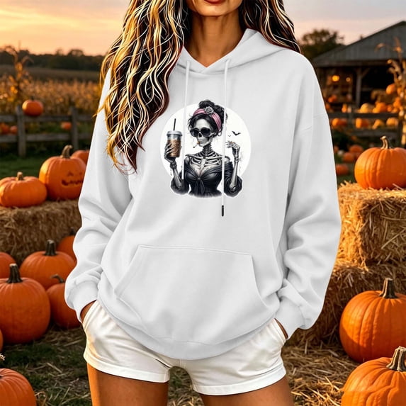 Halloween Hoodies for Women Spooky Ghost Graphic Printed Hooded Sweatshirt Crewneck Long Sleeve Casual Hoody Tops 2026 Fall Halloween Clothings