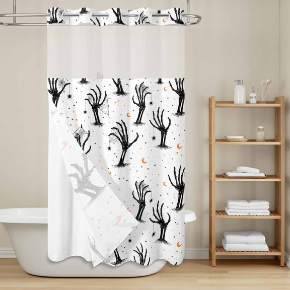 Halloween No Hook Shower Curtain with Snap in Liner, Creepy Minimalist Skeletons Zombie Hands Cobweb Moon Waterproof Shower Curtains with See Through Top Window Liner for Bathroom, 36x72 Inches