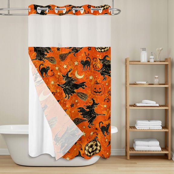 Halloween No Hook Shower Curtain with Snap in Liner, Retro Black Cat Witches Brooms Orange Moon Stars Waterproof Shower Curtains with See Through Top Window Liner for Bathroom, 36x72 Inches