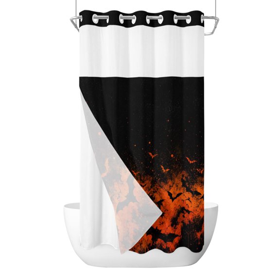 Halloween No Hook Shower Curtain with Snap in Liner, Spooky Red Night Fire Clouds Darkness Black Bats Waterproof Shower Curtains with See Through Top Window Liner for Bathroom, 36x72 Inches