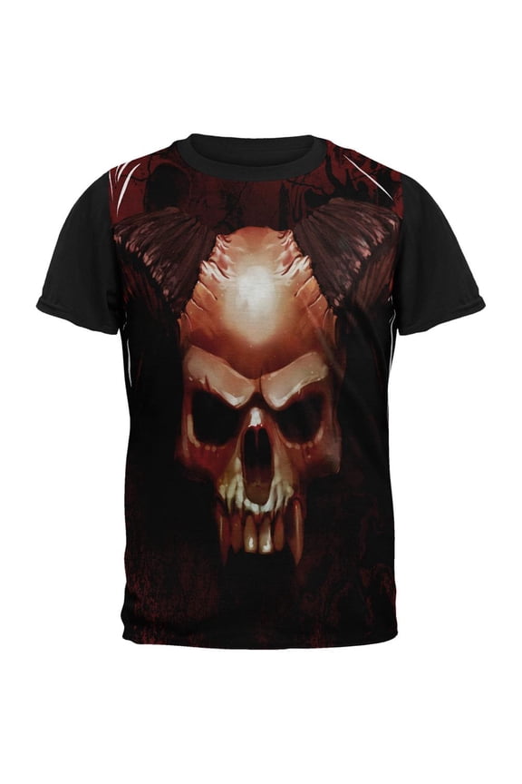 Halloween Horned Demon Skull From Hell All Over Mens Black Back T Shirt Multi SM