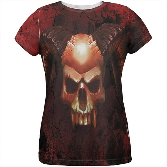 Halloween Horned Demon Skull From Hell All Over Womens T Shirt Multi MD