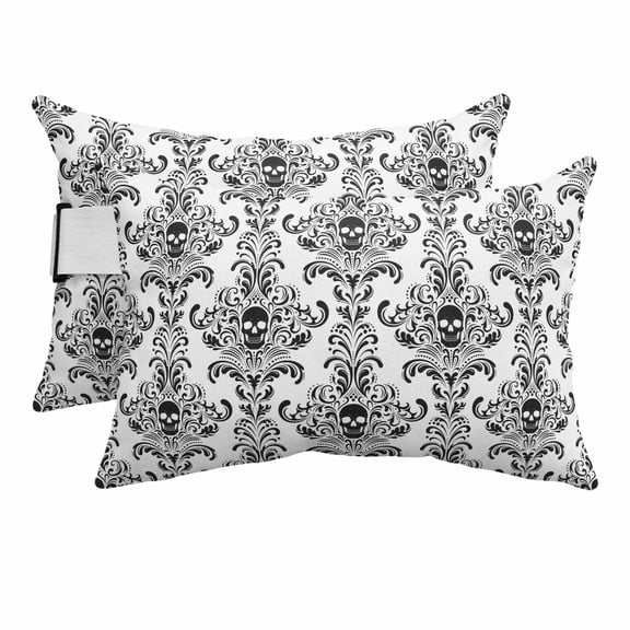 Halloween Horrible Skull Outdoor Pillows for Chaise Lounge Chair Beach Headrest Pillow Set of 2 Waterproof Lumbar Pillows with Insert Black White Flowers Skeleton Art Pillow for Patio Pool 12"x20"