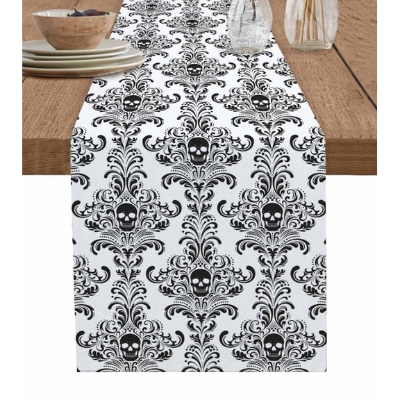 Halloween Horrible Skull Table Runner 36 Inches, Black White Flowers Skeleton Art Bed Runner Dresser Scarves Tabletop for Indoor Outdoor Parties/Ceremony/Banquet, 13"x 36"