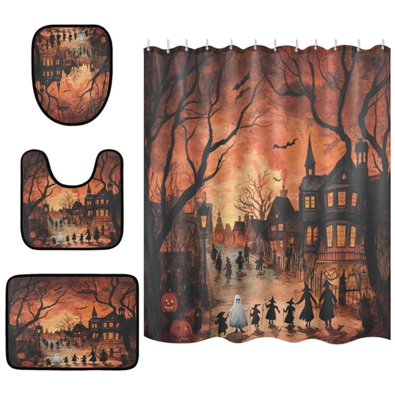 Halloween Horror Bathroom Accessory Curtain Sets Bath Curtain Anti-Slip Mats and Toilet Pad 66x72in