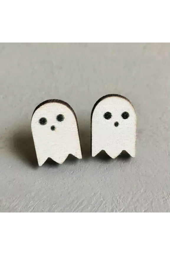 Halloween Horror Black Cat Ghost Pumpkin Skull Wooden Stud Earrings for Women