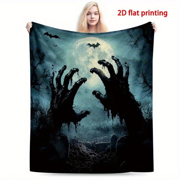 Halloween Horror Blanket - Zombie Hands Grabbing Moon Graveyard Scene - Spooky Home Decor Throw - Soft Warm Flannel Bedspread for Couch, Camping, Travel - Machine Washable Dark Fantasy Decoration, Ha