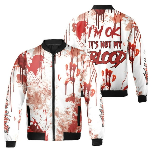 Halloween Horror Blood Stained Bomber Jacket - "I'm OK It's Not My Blood" Graphic Coat - Unisex Scary Costume Outerwear