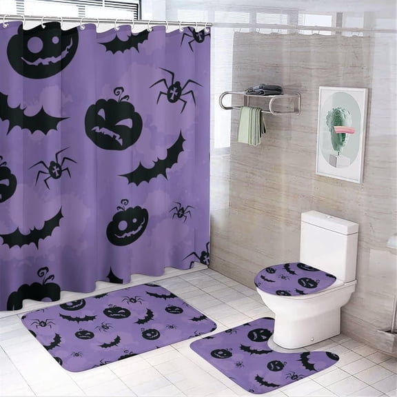 Halloween Horror Creatures 4Pcs Shower Curtain Sets With Non-Slip Rugs, Toilet Lid Cover & Bath Mat, Green Pumpkin Cat Castle Bathroom Set of 4 With Waterproof Bathroom Decor Sets with Curtain & Rugs