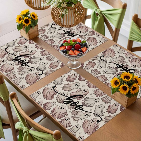 Halloween Horror Cute Ghost Placemats Set of 4,Wipeable Washable Table Mats for Dining Tables, Vintage Place Mats for Kitchen Event Party Tabletop Decor