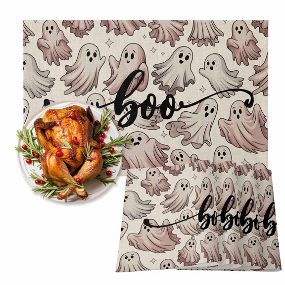 Halloween Horror Cute Ghost Placemats Set of 6,Wipeable Washable Table Mats for Dining Tables, Vintage Place Mats for Kitchen Event Party Tabletop Decor
