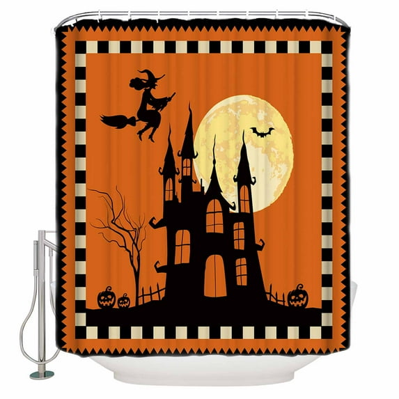 Halloween Horror Ghost Witch Castle Full Moon Night Pumpkin Shower Curtain Set ,Waterproof Fabric Shower Curtains Shower Curtains for Bathroom,Bathroom Decor 72"x72"