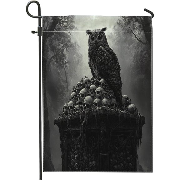 Halloween Horror Gothic Owl Garden Flags 12x18 Inch Double Sided for Outside, Scary Goth Skeleton Cemetery Pattern Standard Canvas House Flags, Creepy Front Yard BackYard Lawn Flag