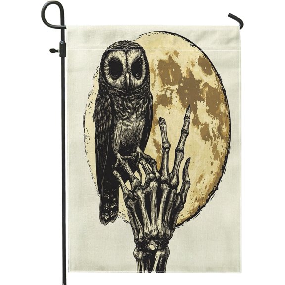Halloween Horror Gothic Owl Garden Flags 12x18 Inch Double Sided for Outside, Watercolor Scary Skeleton Pattern Standard Canvas House Flags, Skull Creepy Front Yard BackYard Lawn Flag