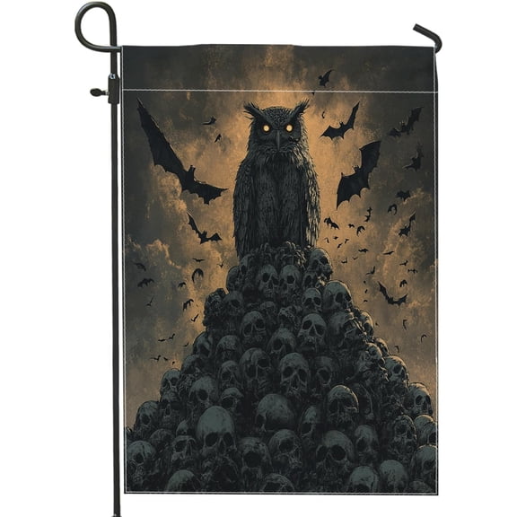 Halloween Horror Gothic Owl Garden Flags 12x18 Inch for Outside, Scary Goth Skeleton Cemetery Standard Vertical Linen Flags for House, Creepy Front Yard BackYard Lawn Flags Outdoor Decor