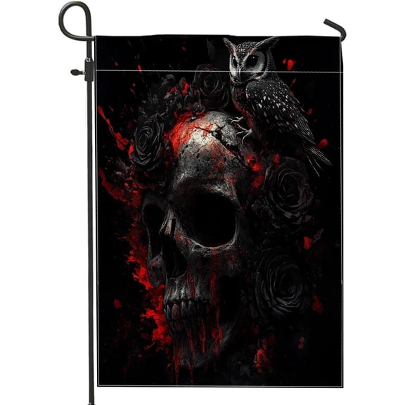 Halloween Horror Gothic Owl Garden Flags 12x18 Inch for Outside, Scary Goth Skeleton Cool Standard Vertical Linen Flags for House, Creepy Skull Front Yard BackYard Lawn Flags Outdoor Decor