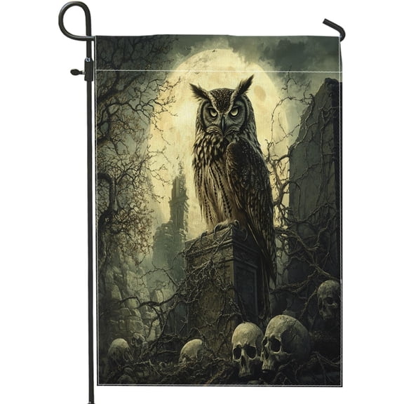 Halloween Horror Gothic Owl Garden Flags 12x18 Inch for Outside, Vintage Scary Skeleton Standard Vertical Linen Flags for House, Creepy Scenic Front Yard BackYard Lawn Flags Outdoor Decor