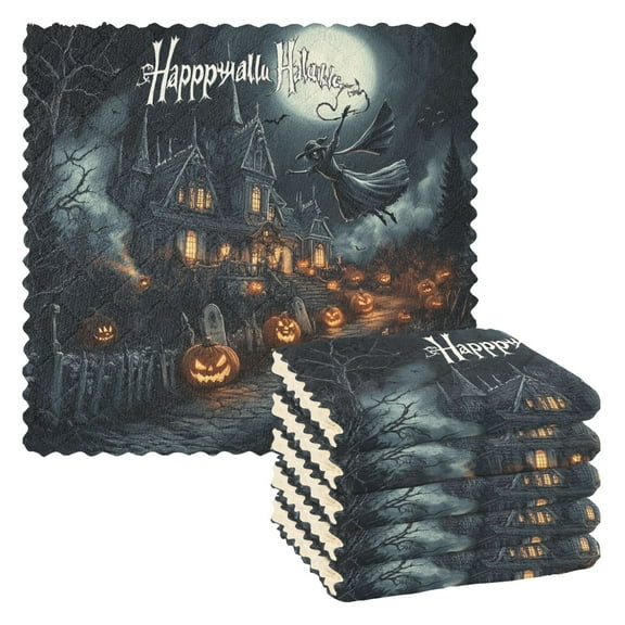 Halloween Horror Haunted House Kitchen Cloth Dish Towels for Drying Washing Absorbent Dish Rags 6 Pack