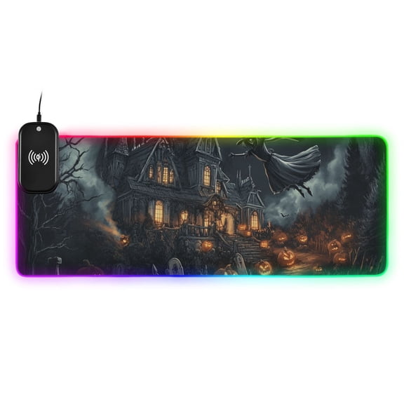 Halloween Horror Haunted House Wireless Charging RGB Gaming Mouse Pad Large Keyboard Mat Rubber Base 13 Light Modes