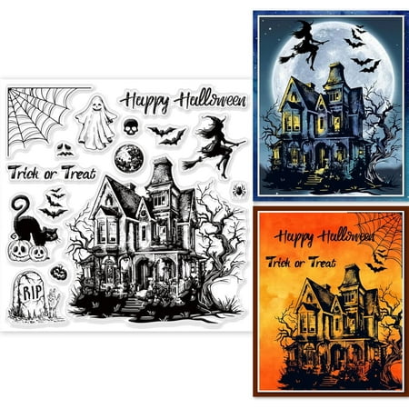 Halloween Horror House Clear Stamps for DIY Scrapbooking Halloween Castle Background Silicone Clear Stamp Seals 15x15cm Transparent Stamps for Cards Making Journal Home Decoration