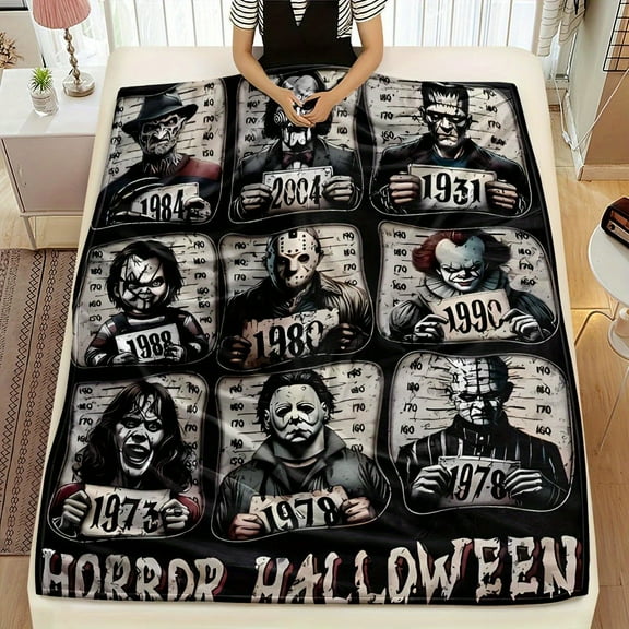 Halloween Horror Icons Blanket - Jason, Freddy, Michael Myers, Chucky, Pinhead - Soft Flannel Throw with Horror Movie Designs - Machine Washable All-Season Couch, Bed, Party Decor - Spooky Decoration