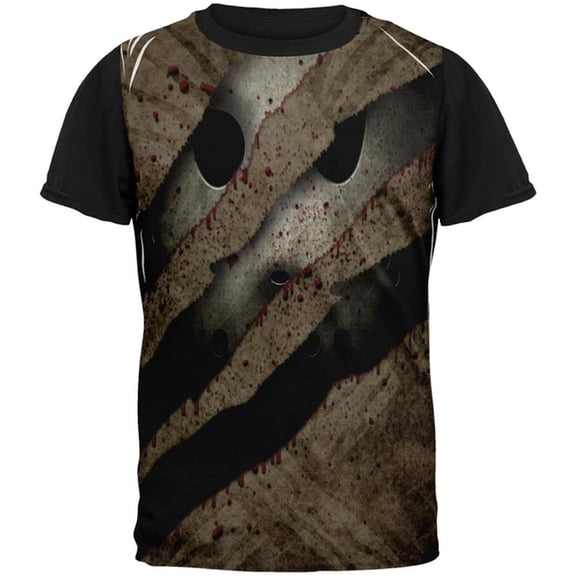 Halloween Horror Movie Mask Slasher Attack All Over Mens Black Back T Shirt Multi X-LG