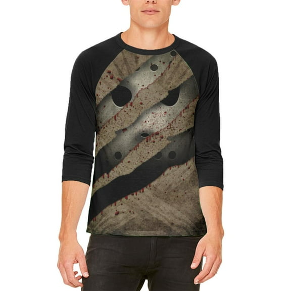 Halloween Horror Movie Mask Slasher Attack Mens Raglan T Shirt White-Black X-LG