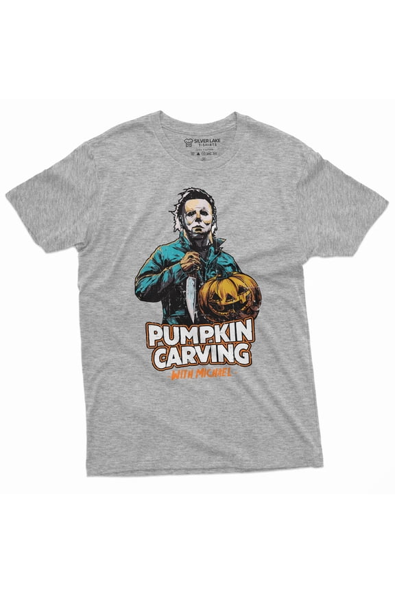 Halloween Horror Movie T-shirt Pumpkin Carving Mens Tshirt Costume Party Tee Shirt (4X-Large Grey)