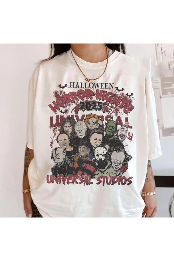 Halloween Horror Nights Universal Studios 2025 Shirt, Horror Characters Shirt, Universal Studios Halloween Shirt, Halloween Party 2025,White Color,Size XL