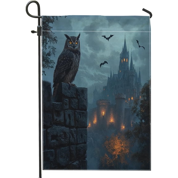Halloween Horror Owl Garden Flags 12x18 Inch Double Sided for Outside, Scary Haunted House Castle Pattern Standard Canvas House Flags, Creepy Scenic Front Yard BackYard Lawn Flag
