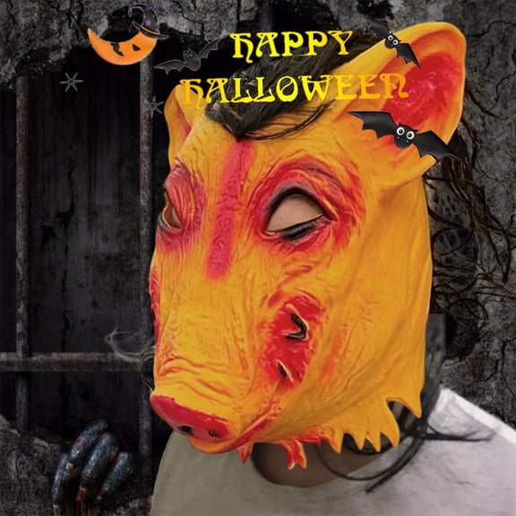Halloween Horror Pig Head Latex Decor, Scary Full Head Pig Decor with Hair, Creepy Animal Decor for Halloween Costume Party Haunted House Horror Themed Events