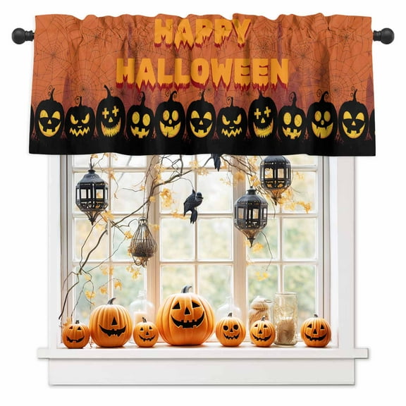 Halloween Horror Pumpkin Ghost Face Curtain Valances for Kitchen Windows,Rod Pocket Short Valance Spiders Web on Orange Small Window Treatment for Living Room Bathroom Bedroom,54" x 18"-1 Panel