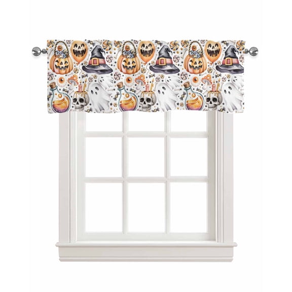 Halloween Horror Pumpkin Kitchen Valances for Windows Farmhouse Linen Window Valance Curtain for Living Room Window Treatment Cute Ghost Candy Skull Valance Rod Pocket Topper Drape, 42 x 18 Inch