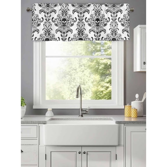 Halloween Horror Skeleton Skull Flower Seamless Valances for Windows,Kitchen Valance Rod Pocket Short Curtain,Black and White Graffiti Valance Curtain Window Valances for Bedroom Living Room 42"x12"