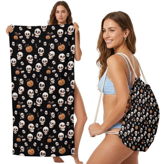 Halloween Horror Skull 2-in-1 Beach Towel Backpack,Quick Dry Beach Towel Blanket Bag,Pumpkins Bats Black Abstract Portable Bath Pool Yoga Swim Picnic Camping Towels Travel Essential 27.6x55 Inches