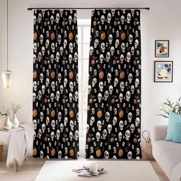 Halloween Horror Skull Blackout Curtains for Bedroom/Living Room, Pinch Pleated Black Out Curtains, Pumpkins Bats Black Abstract Room Darkening Window Drapes with Hooks 2 Panels, 39"x70"