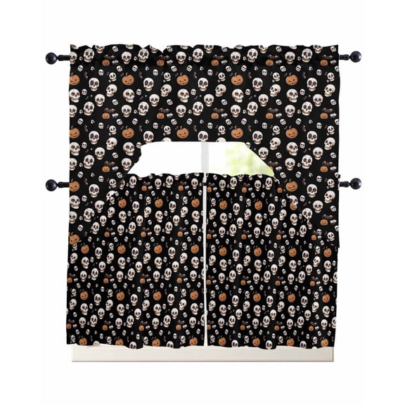 Halloween Horror Skull Kitchen Curtains Sets 36 Inch Length with Valance, Pumpkins Bats Black Abstract Swag Valances and Tiers Curtain Set Drapes Swag Curtains for Living Room, Bathroom, Bedroom